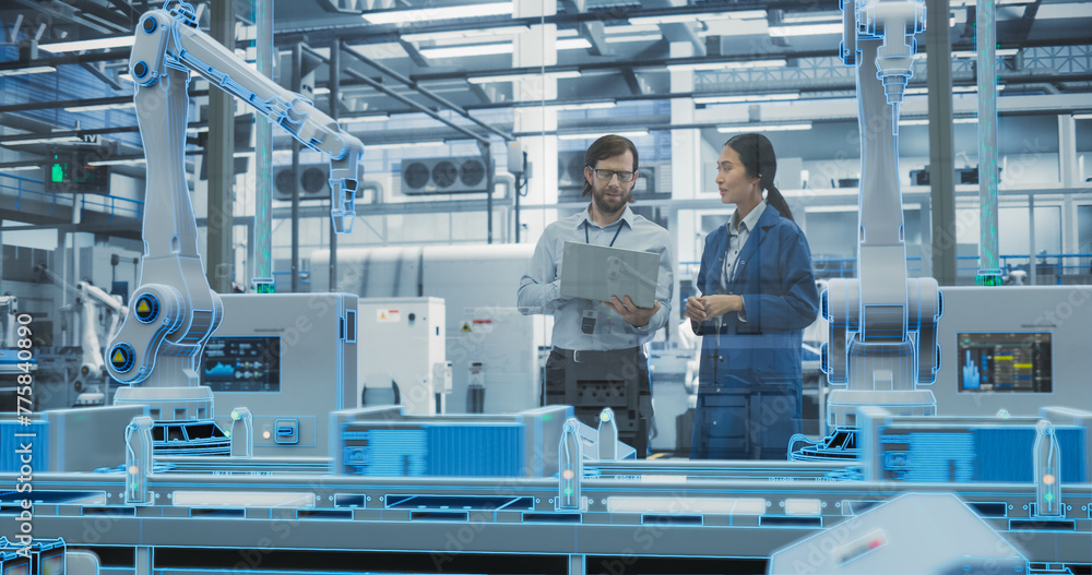 Leinwandbilder Electronics Factory Digitalization: Automated Robot Arm Assembly Line Manufacturing Equipment. Managers Discussing Work while Futuristic AI Computer Vision Analyzing, Scanning Production Line