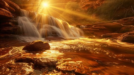 a beautiful large waterfall flows into the river at sunrise - obrazy, fototapety, plakaty