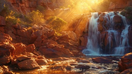 a beautiful large waterfall flows into the river at sunrise