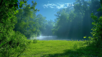 A lush green forest with a river running through it. The sky is clear and blue, and the sun is shining through the trees. The scene is peaceful and serene