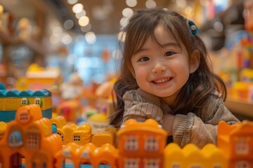 A joyful little Asian child delights in playing with a vibrant array of colorful block toys, creating a bustling town scene with boundless happiness. Generative AI.