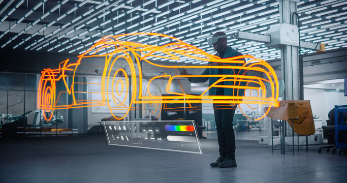 Professional Automotive Designer Using a Virtual Reality Software to Sketch a Prototype Car. Digital Visualization with Design Software UX Interface. African Artist Making Art in Metaverse Environment