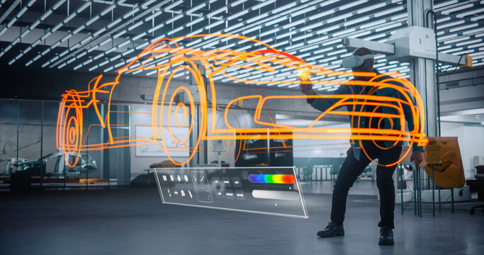 Professional Automotive Designer Using a Virtual Reality Software to Sketch a Prototype Car. Digital Visualization with Design Software UX Interface. African Artist Making Art in Metaverse