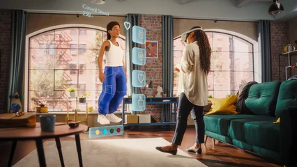 Selbstklebende Fototapeten Black Woman Using Virtual Augmented Reality Headset for Online Shopping with 3D Avatar, Browsing Clothing items. Ordering from Mock-up Internet App for e-Commerce, e-Shopping, e-Store products © Gorodenkoff