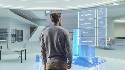 Futuristic Architect Standing in Virtual Space, Interacting with an Augmented Reality Hologram 3D...