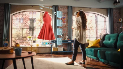 Foto auf Alu-Dibond Black Woman Using Virtual Reality Headset for Online Shopping, Browsing through Dresses and Clothing items. Ordering from Mock-up Internet Store App for e-Commerce products. Augmented Reality © Gorodenkoff