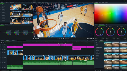 Basketball Championship Color Grading Software UI. Super Cool Stylish Editing in AI Application Tool that Transform Tournament Highlights, Goals and Victories in Advanced Mock-up User Interface - obrazy, fototapety, plakaty