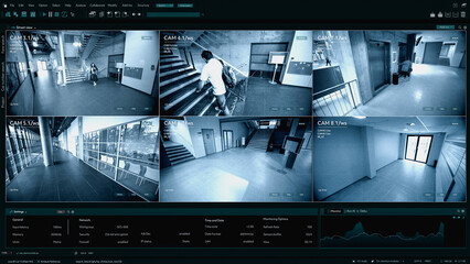 Surveillance Camera CCTV Footage, Multiple Screens Show Inside Building, Unrecignizible People...