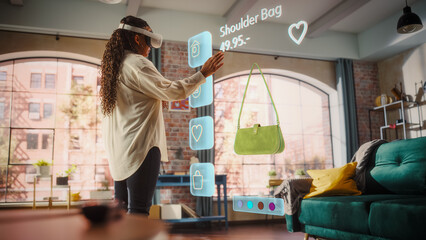 Black Woman Using Virtual Reality Headset for Online Shopping, Browsing through Stylish Handbags items. Ordering from Mock-up Internet Store App for e-Commerce products. Augmented Reality Application