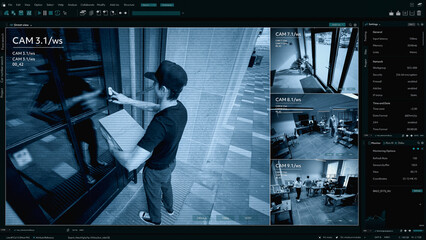 Surveillance Camera CCTV Footage, Multiple Screens Show Postal Package Delivery into the Office....