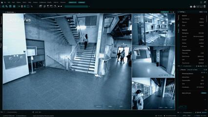 Surveillance Camera CCTV Footage, Multiple Screens Show Inside Building, Unrecignizible People...