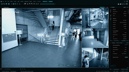 Surveillance Camera CCTV Footage, Multiple Screens Show Inside Building, Unrecignizible People Walk. High-Tech Security and Data Protection Mock-up. Screen Replacement Template for Computer Displays