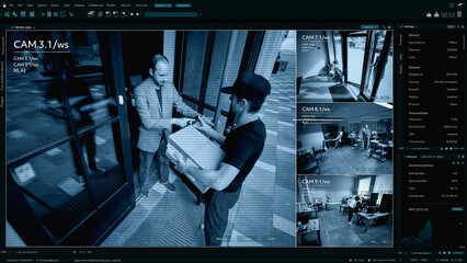 Surveillance Camera CCTV Footage, Multiple Screens Show Postal Package Delivery into the Office. High Tech Security and Data Protection Mock-up. Screen Replacement Template for Computer Displays