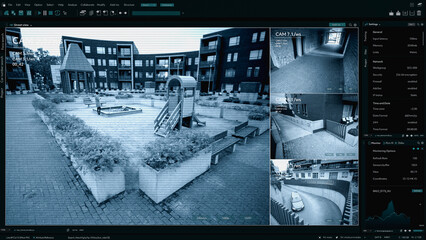Surveillance CCTV Camera, Multiple Screens Show Secure Outside Residential Building Block with...