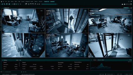 Surveillance Camera CCTV Footage, Multiple Screens Show People working in the Office. High-Tech...