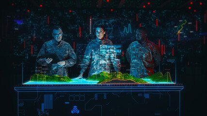 Futuristic Warfare: Military Intelligence Specialists Use Augmented Reality Holographic Table Map...