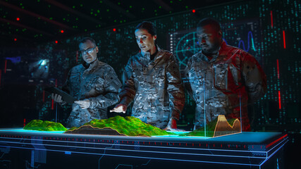 High-Tech Warfare: Military Intelligence Specialists use Holographic Augmented Reality Table Map to Scan Enemy Territory. Army Recoinessance Using Sattelite Surveillance 3D Technology, Analysis