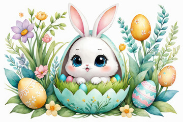 Cute Minimalism and abstract very cute kawaii easter rabbit and eggs in pastel colors.