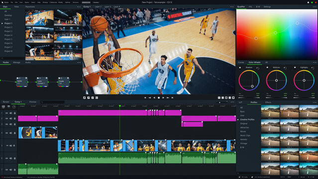 Basketball Championship Color Grading Software UI. Super Cool Stylish Editing in AI Application Tool that Transform Tournament Highlights, Goals and Victories in Advanced Mock-up User Interface