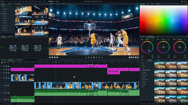 Basketball Championship Color Grading Software UI. Super Cool Stylish Editing in AI Application Tool that Transform Tournament Highlights, Goals and Victories in an Advanced Mock-up User Interface - Powered by Adobe