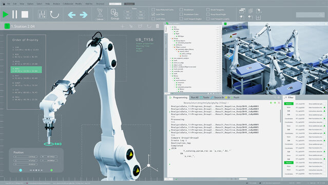 3D Render: Mock-up User Inerface Robot Arm Factory Production Manufacturing Software. Software Shows Moving Robotic Arm Production Process. Technological Research and Development. Screen Replacement