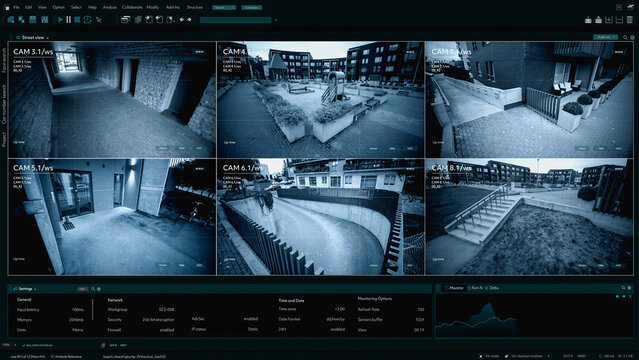 Surveillance CCTV Camera, Multiple Screens Show Secure Outside Residential Building Block with Crime Protected, Car driving into Garage. Security Screen Replacement Template for Computer Displays