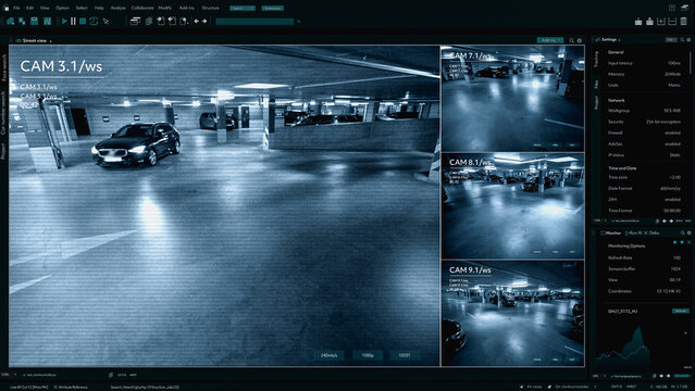 Surveillance Camera CCTV Footage, Multiple Screens Show Secure Underground Garage. High-Tech Security and Data Protection Mock-up. Screen Replacement Template for Computer Displays - Powered by Adobe