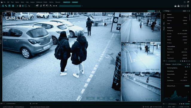 CCTV AI Facial Recognition Camera Authentificating People on Street. Security Camera Surveillance Footage Identity Scanning Crowds of People Walking Safely on Big City Streets. Big Data AI Analysis