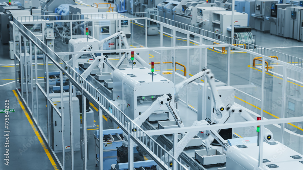 Aufkleber 3D Render Of a Modern Manufacturing Plant with Advanced Robotic Arms Operating an Assembly Line with Electronic Components Moving on a Conveyor Belt. Factory Producing Large Amounts of Devices.