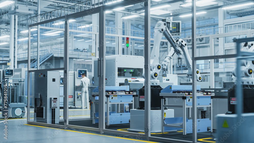 Poster 3D Render Of Electronics Components Manufacture: Automated Robotic Arm Assembly Line in Futuristic Facility with Robots Producing Advanced High-Tech Sustainable Parts for Information Technology.
