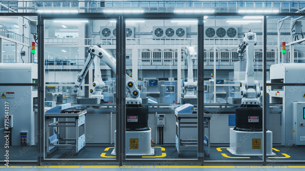 Aufkleber 3d render of robotic arm conveyor line manufacturing industrial electronic devices. advanced automat