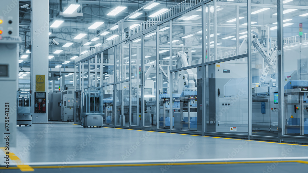 Fototapete 3D Render: Automated Support Vehicles Transport Electrical Components, Circuit Boards and Microchips. Separate Facility with an Assembly Line Producing High-Quality Precise Equipment with Robotic Arms