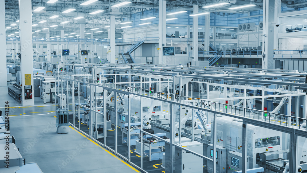 Aufkleber 3D Render: Advanced Robot Arm Conveyor Line Manufacturing Electronics Enclosure Boxes. High Angle Shot with Artificial Intelligence Assembly Line Building HighTech Products for the Technology Industry