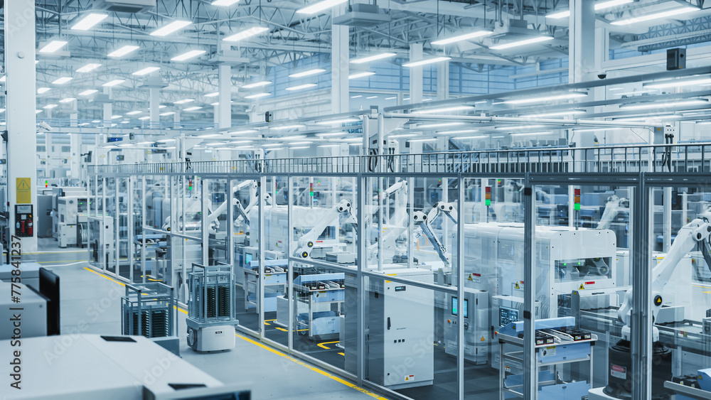 Fototapete 3D Render: Advanced Robot Arm Conveyor Line Manufacturing Electronics Enclosure Boxes. High Angle Shot with Artificial Intelligence Assembly Line Building High-Tech Products for Technology Industry.