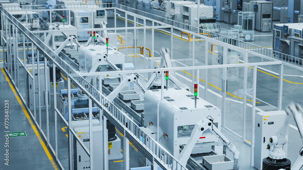 Poster 3D Render Of Modern Manufacturing Plant with Advanced Robotic Arms Operating an Assembly Line with Electronic Components Moving on a Conveyor Belt. Factory Producing Large Amounts of Devices.
