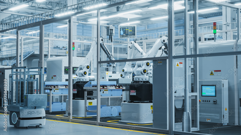 Aufkleber 3d render of electronics components manufacture: automated robotic arm assembly line in futuristic f
