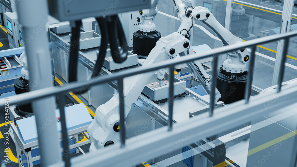 Aufkleber 3D Render of Electronics Factory: Automated Robot Arm Assembly Line Manufacturing Advanced Electronic Components for Different Industries. High Angle Overview of an Operating Conveyor Line Production