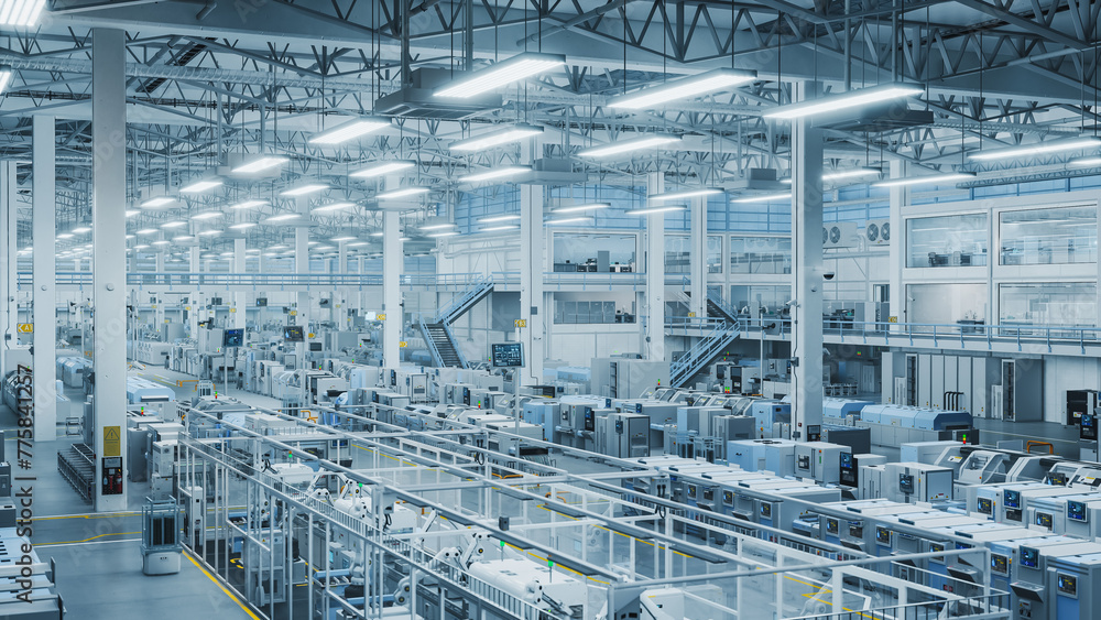 Aufkleber 3d render of robotic arm conveyor line manufacturing industrial electronic devices. aerial shot with