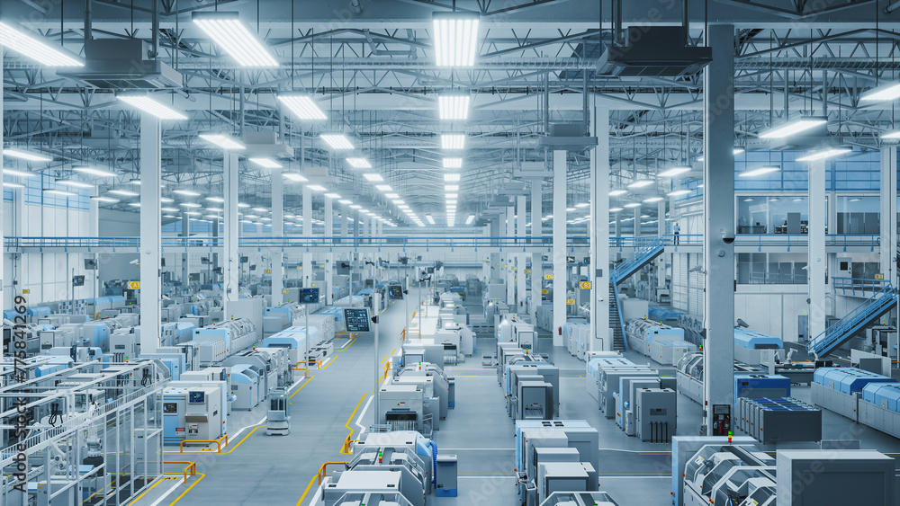 Poster 3D Render: Modern Manufacturing Plant with Advanced Robotic Arms Operating on an Assembly Line with Electronic Components Moving on Conveyor Belts. Elevated Top Angle Shot Of Advanced Facility.
