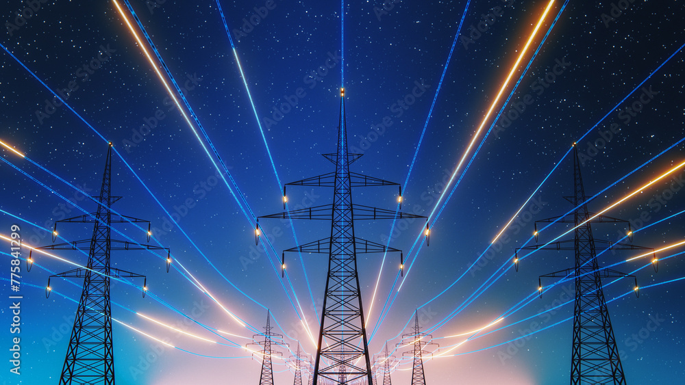 Wall mural 3d render of power transmission lines with 3d digital visualization of electricity. fantastic visual