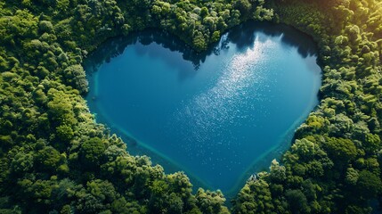 top view of heart shape lake surrounded by forest - obrazy, fototapety, plakaty