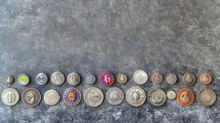 A row of coins with a variety of designs and colors. The coins are arranged in a line on a gray surface