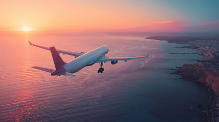 A large white airplane is flying over the ocean with a beautiful sunset in the background. The sky is filled with a warm orange glow, creating a serene and peaceful atmosphere - obrazy, fototapety, plakaty
