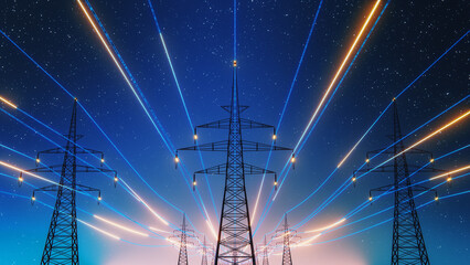 3D Render Of Power Transmission Lines with 3D Digital Visualization of Electricity. Fantastic Visuals of Night Sky Full of Bright Stars. Concept of Renewable Green Energy Powering Human Progress. - obrazy, fototapety, plakaty