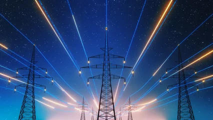 Fototapeten 3D Render Of Power Transmission Lines with 3D Digital Visualization of Electricity. Fantastic Visuals of Night Sky Full of Bright Stars. Concept of Renewable Green Energy Powering Human Progress. © Gorodenkoff
