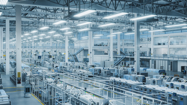 3D Render Of Robotic Arm Conveyor Line Manufacturing Industrial Electronic Devices. Aerial Shot with Automated AI Assembly Line Producing High-Tech Products for IT Industry. Wide Shot