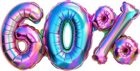 60% balloon numbers, concept of sale celebration and product promotion, element on transparent background