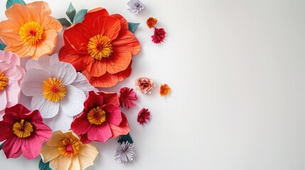 Colorful handmade flowers on a white background with copy space. Crepe paper. Master Class.birthday and Mother's Day. Decor for the holiday, flower background