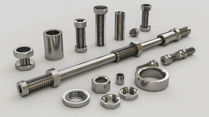 Close-up view of precision-turned metal machined components, including nuts, bolts, and tailor-made parts, for industrial applications