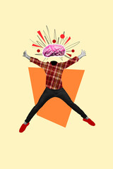 Vertical creative collage picture young headless man brainstorming mind smart solution clever...